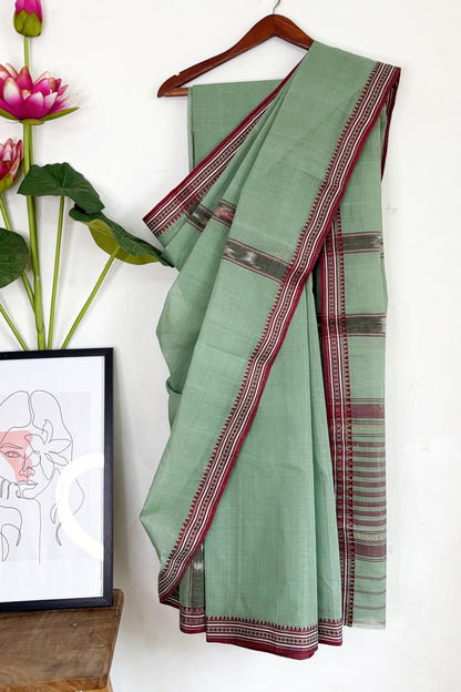 Pista Maroon Cotton Dhaniakhali Saree with Ikat Stripes