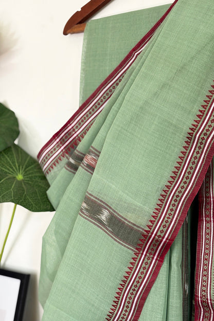 Pista Maroon Cotton Dhaniakhali Saree with Ikat Stripes