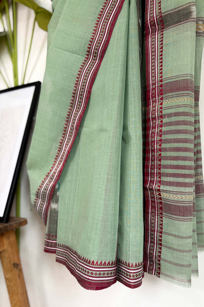 Pista Maroon Cotton Dhaniakhali Saree with Ikat Stripes