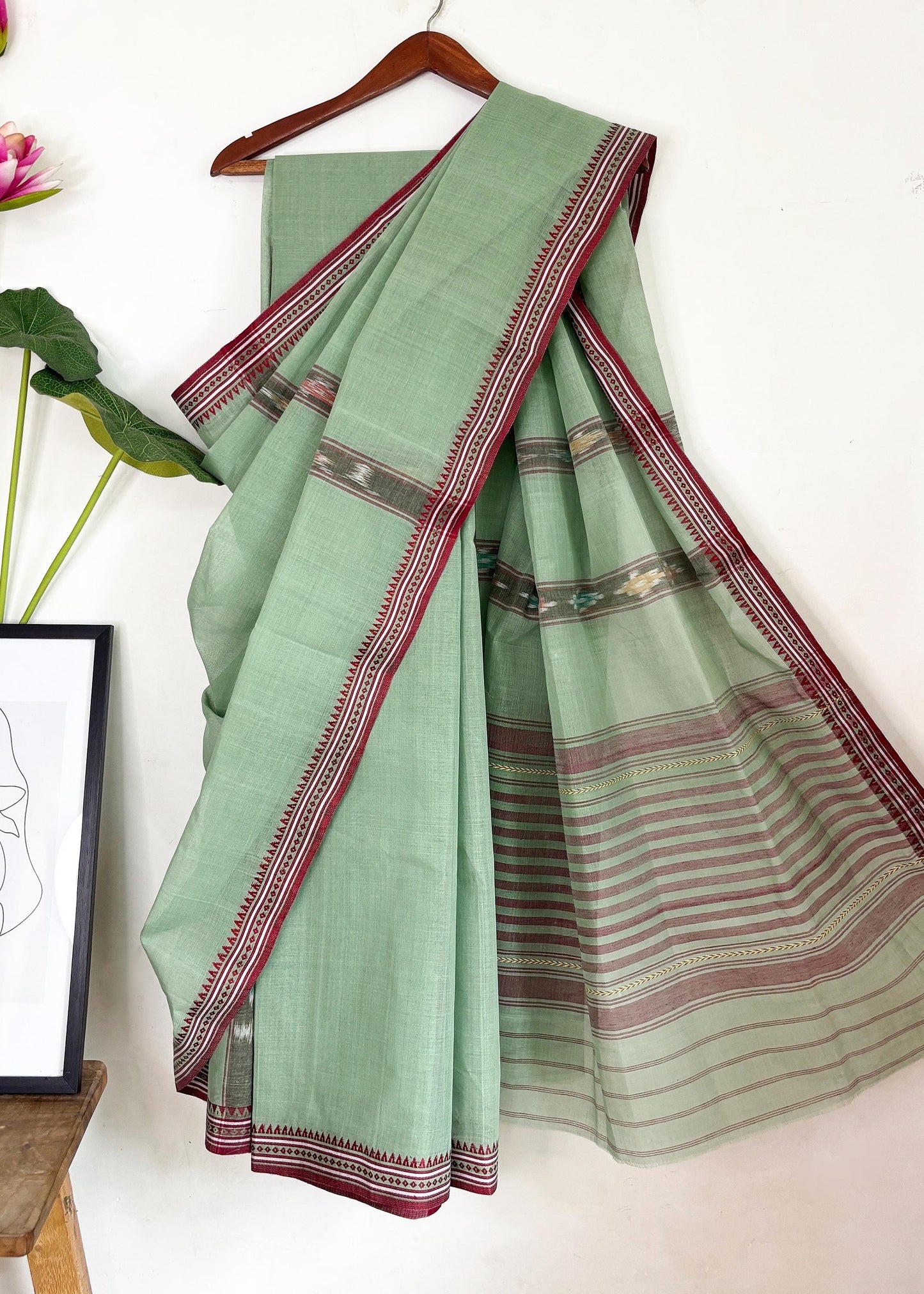 Pista Maroon Cotton Dhaniakhali Saree with Ikat Stripes