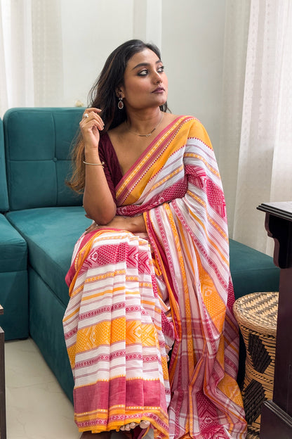 White-Yellow-Maroon Fish Motifs Dhaniakhali Cotton Saree