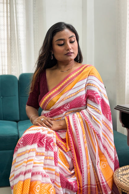 White-Yellow-Maroon Fish Motifs Dhaniakhali Cotton Saree