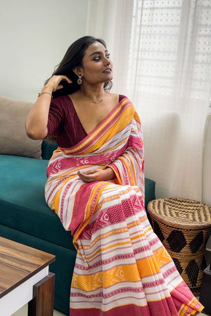 White-Yellow-Maroon Fish Motifs Dhaniakhali Cotton Saree