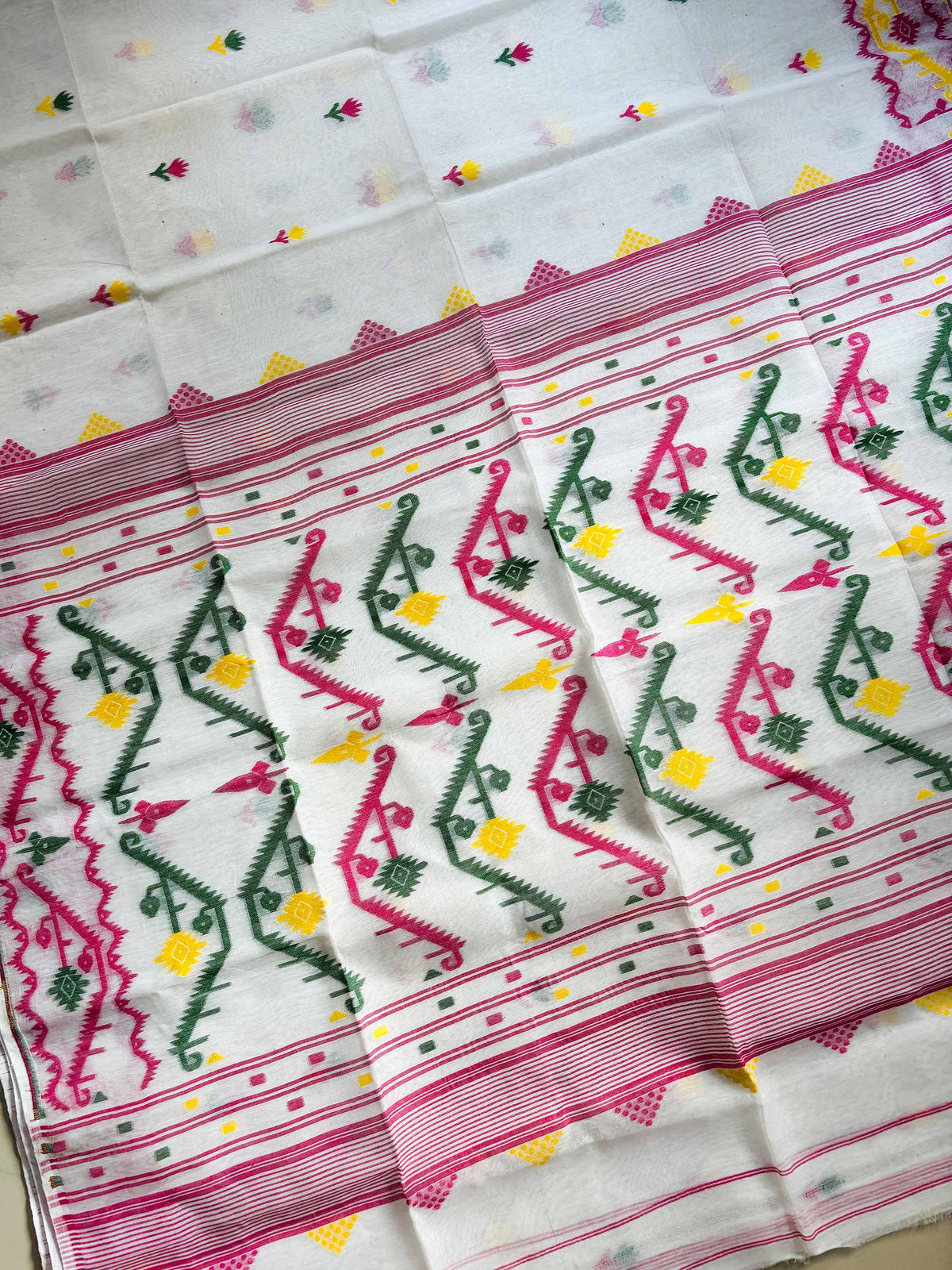 White Bengal Jamdani Saree with Multicolor Weaving