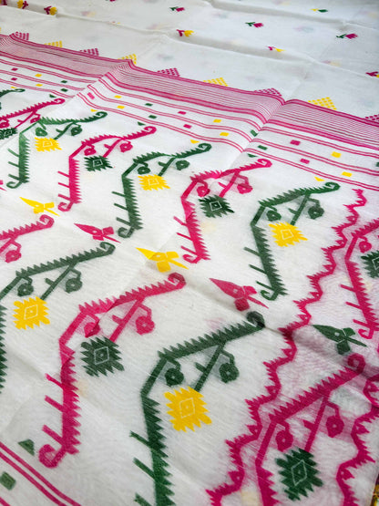 White Bengal Jamdani Saree with Multicolor Weaving