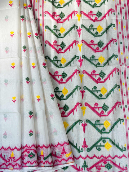 White Bengal Jamdani Saree with Multicolor Weaving