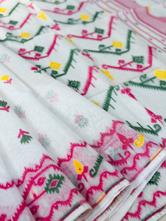 White Bengal Jamdani Saree with Multicolor Weaving
