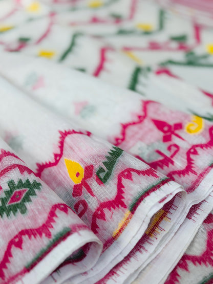 White Bengal Jamdani Saree with Multicolor Weaving