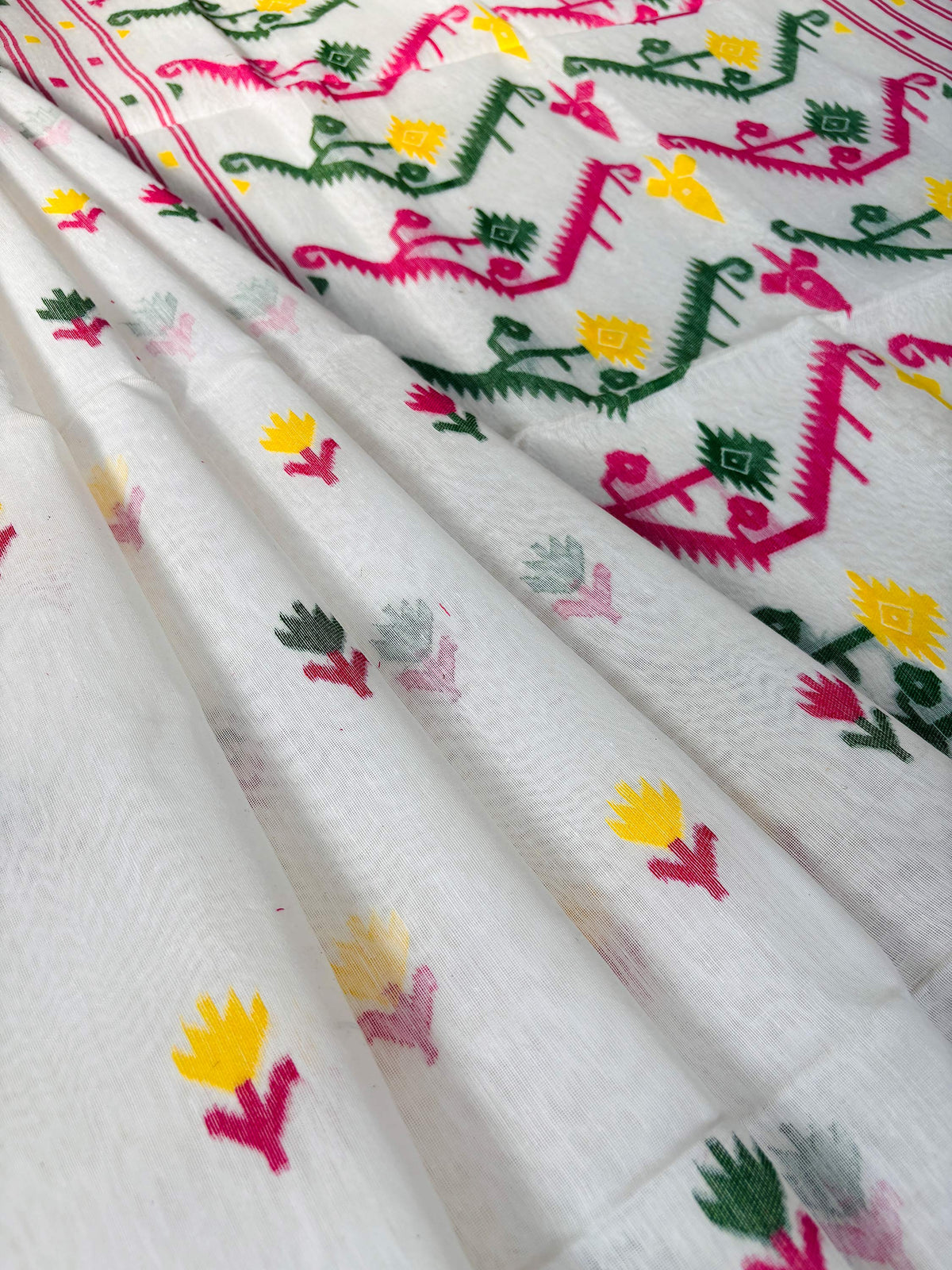 White Bengal Jamdani Saree with Multicolor Weaving