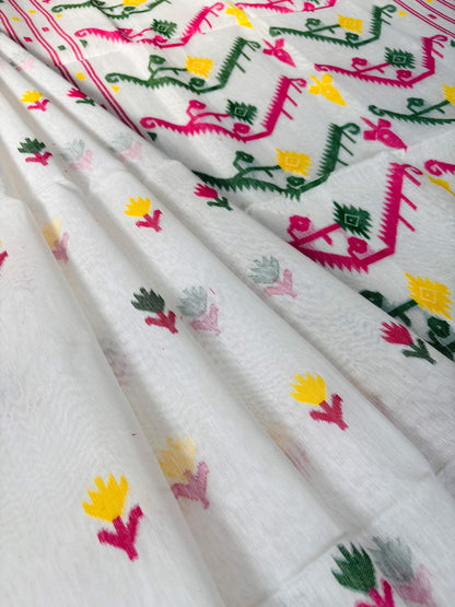 White Bengal Jamdani Saree with Multicolor Weaving