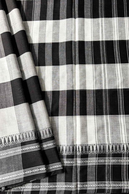 White Black Cotton Big Check Dhaniakhali Saree