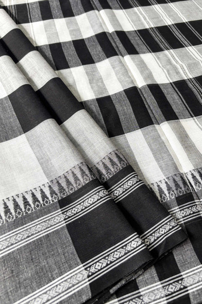 White Black Cotton Big Check Dhaniakhali Saree