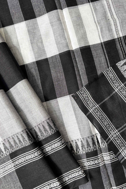 White Black Cotton Big Check Dhaniakhali Saree