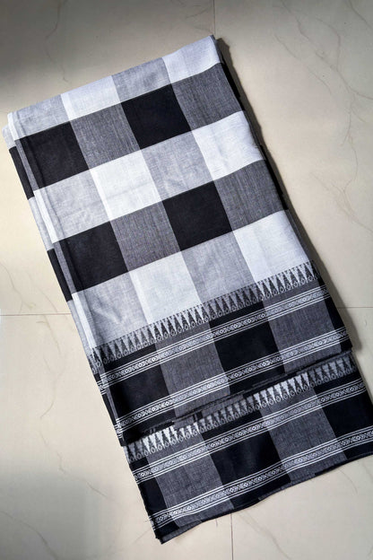White Black Cotton Big Check Dhaniakhali Saree