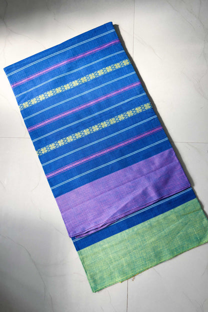 Dodger Blue Stripes Cotton Dhaniakhali Saree with Ganga Jamuna Border