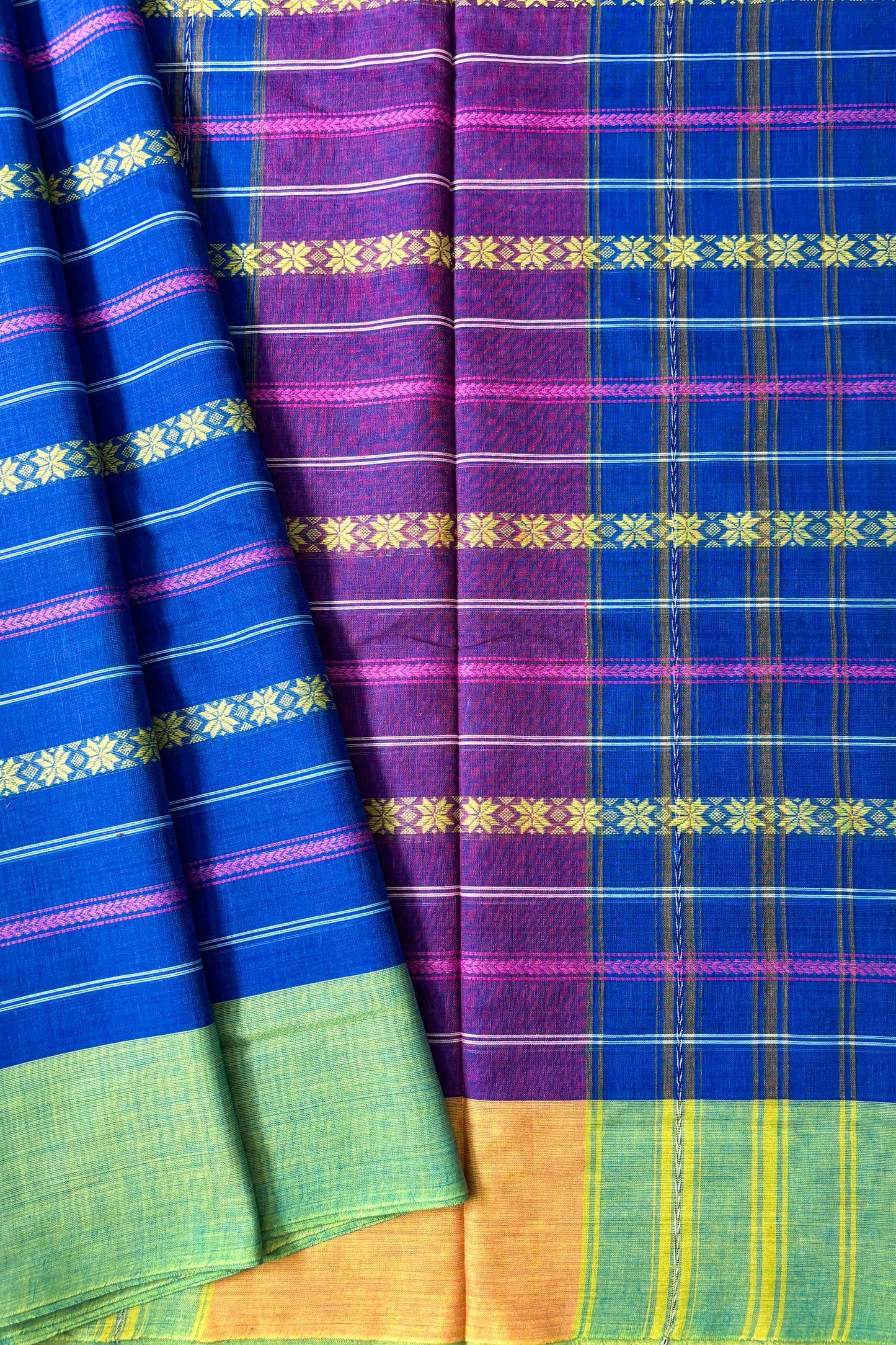 Dodger Blue Stripes Cotton Dhaniakhali Saree with Ganga Jamuna Border