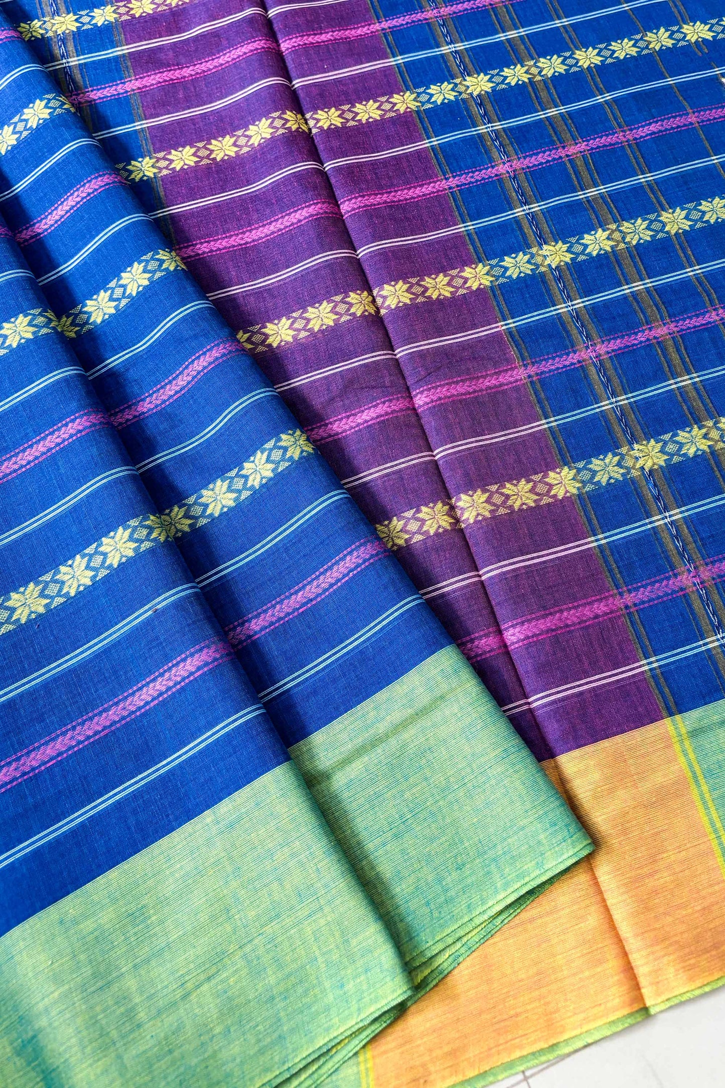 Dodger Blue Stripes Cotton Dhaniakhali Saree with Ganga Jamuna Border