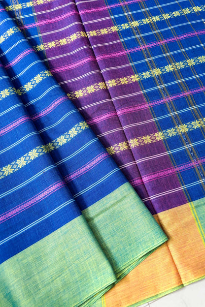 Dodger Blue Stripes Cotton Dhaniakhali Saree with Ganga Jamuna Border