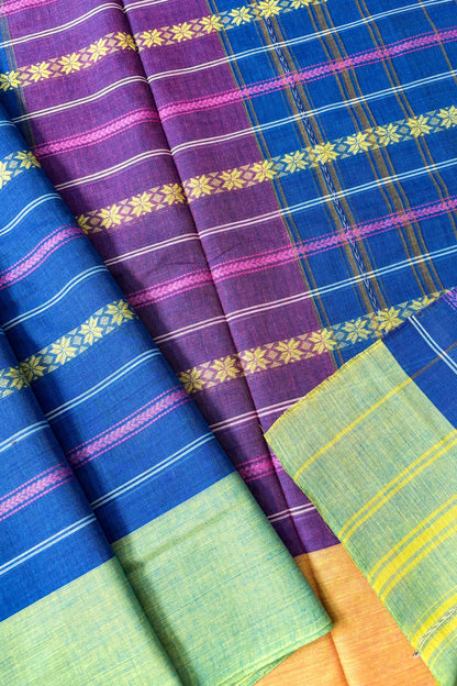 Dodger Blue Stripes Cotton Dhaniakhali Saree with Ganga Jamuna Border