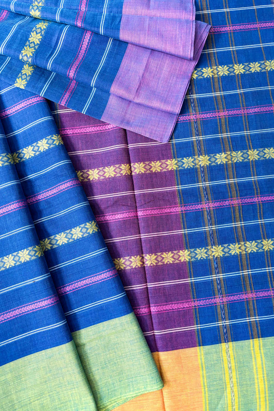 Dodger Blue Stripes Cotton Dhaniakhali Saree with Ganga Jamuna Border