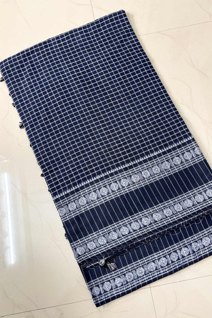 Space Blue Cotton Small Check Dhaniakhali Saree with Rudraksh Borders