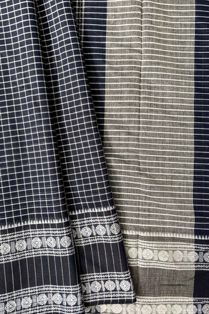 Space Blue Cotton Small Check Dhaniakhali Saree with Rudraksh Borders