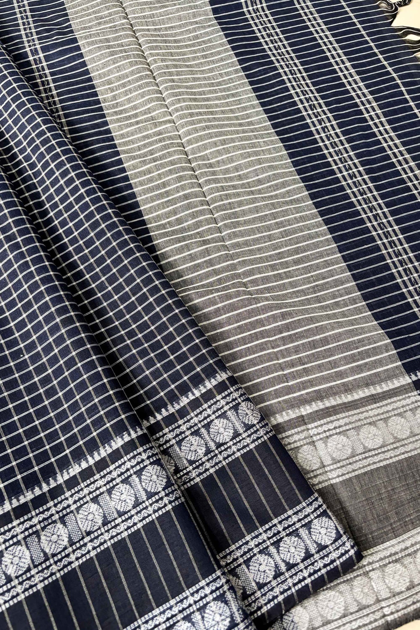 Space Blue Cotton Small Check Dhaniakhali Saree with Rudraksh Borders