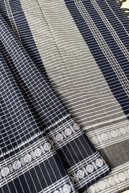 Space Blue Cotton Small Check Dhaniakhali Saree with Rudraksh Borders