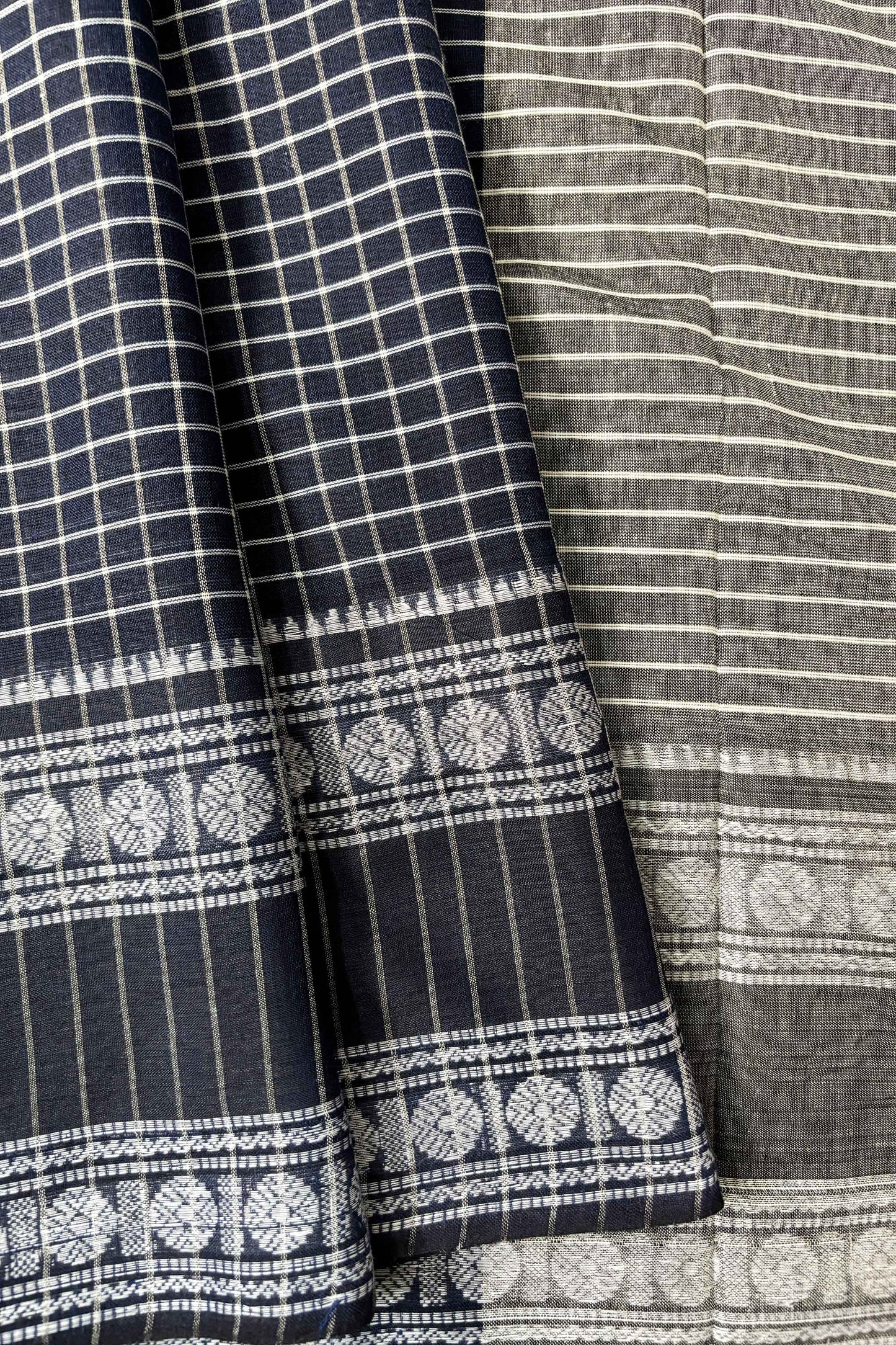 Space Blue Cotton Small Check Dhaniakhali Saree with Rudraksh Borders