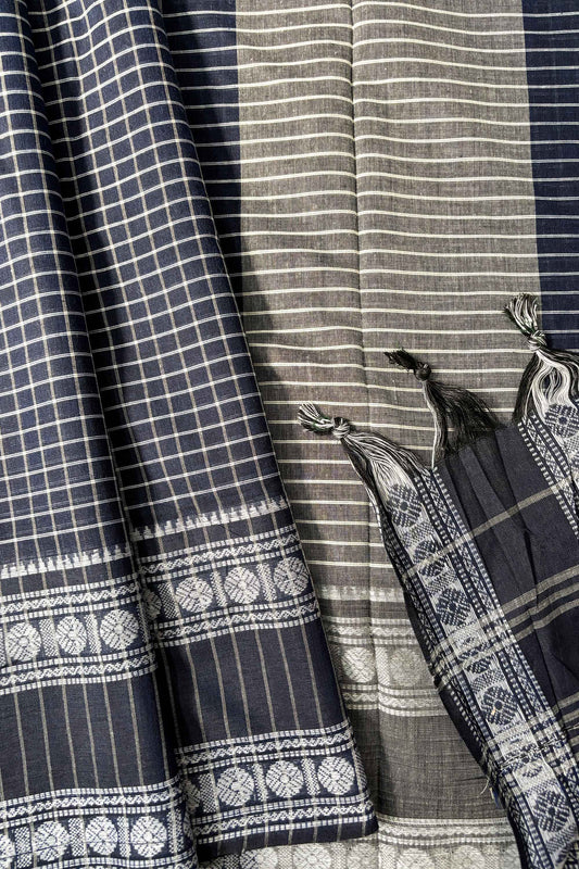 Space Blue Cotton Small Check Dhaniakhali Saree with Rudraksh Borders
