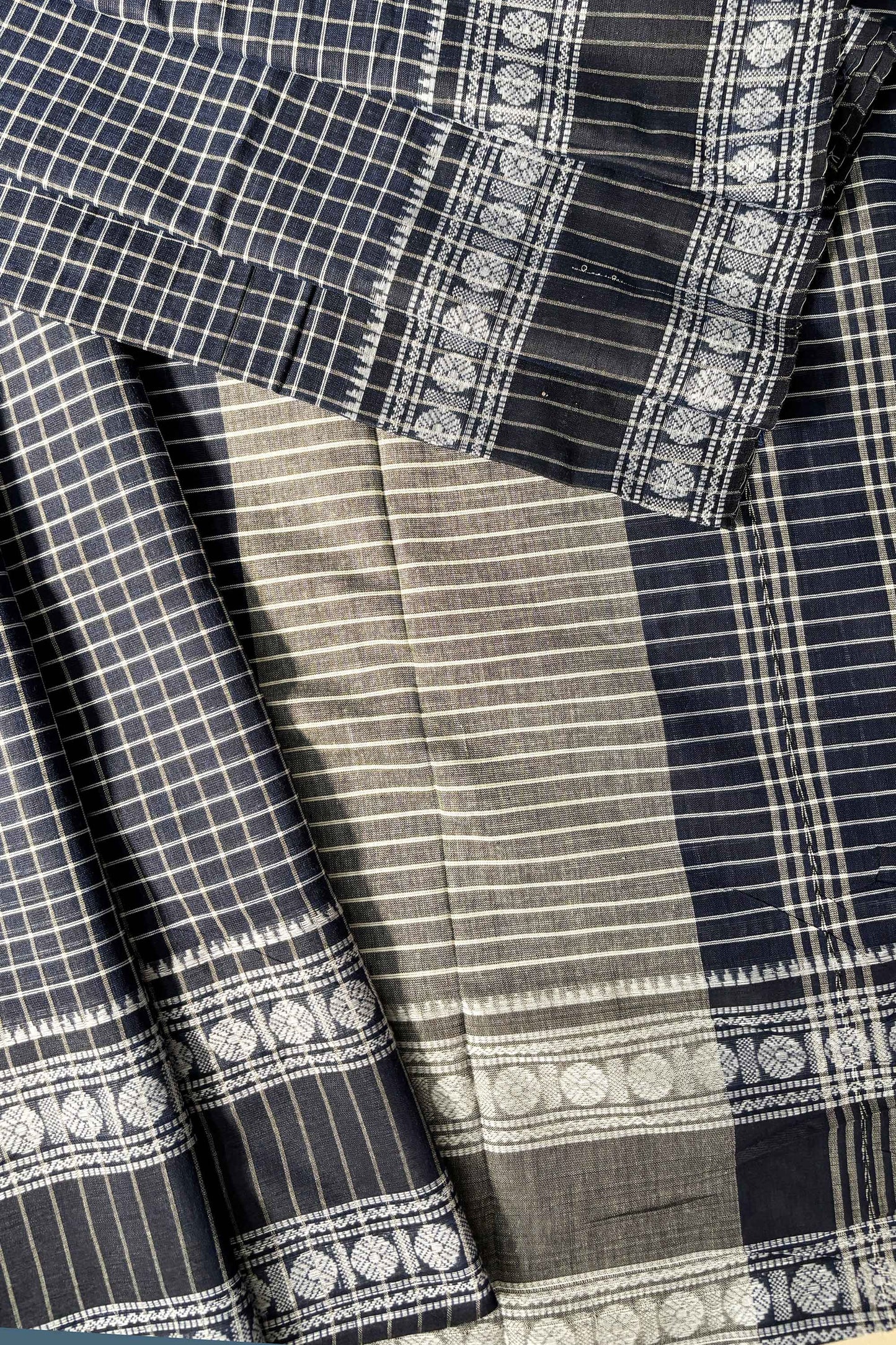 Space Blue Cotton Small Check Dhaniakhali Saree with Rudraksh Borders