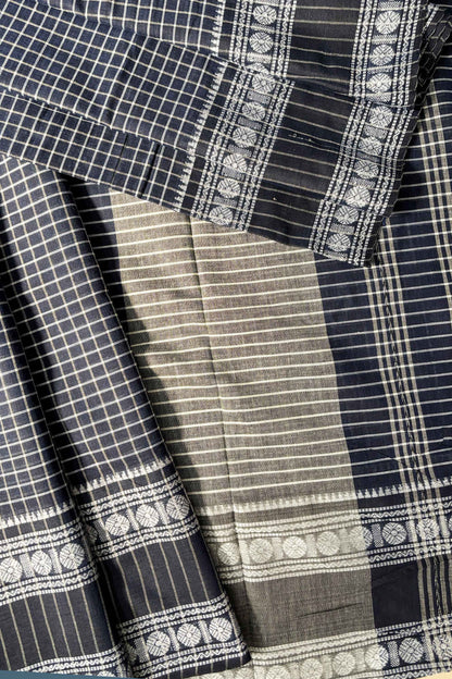Space Blue Cotton Small Check Dhaniakhali Saree with Rudraksh Borders