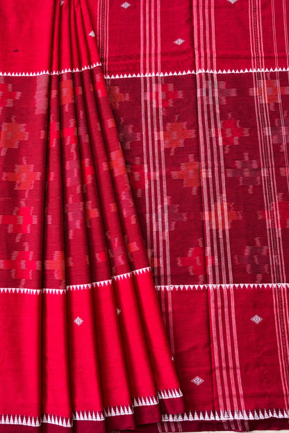 Red-Maroon Dhaniakhali Ikat Madhyamani Cotton Saree