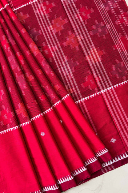 Red-Maroon Dhaniakhali Ikat Madhyamani Cotton Saree
