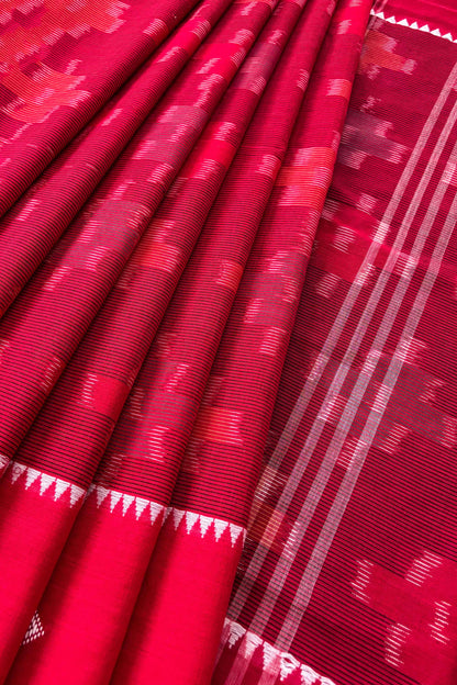 Red-Maroon Dhaniakhali Ikat Madhyamani Cotton Saree