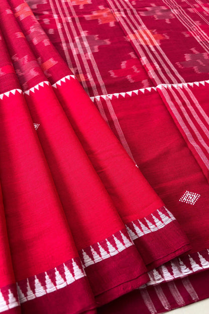 Red-Maroon Dhaniakhali Ikat Madhyamani Cotton Saree