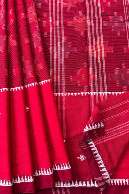 Red-Maroon Dhaniakhali Ikat Madhyamani Cotton Saree