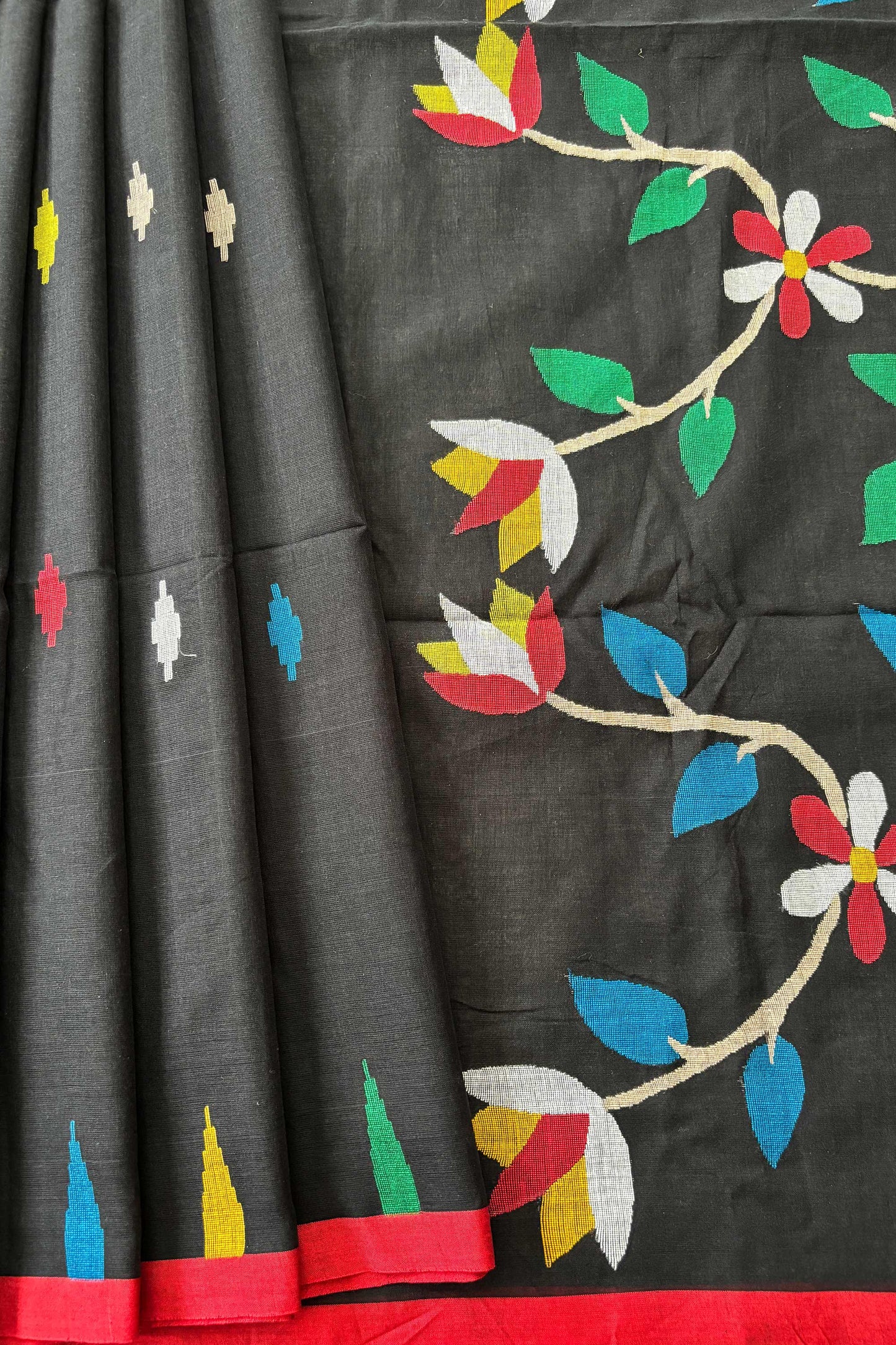 Black Purely Handloom Needle Woven Multicolor Jamdani Saree