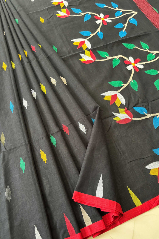 Black Purely Handloom Needle Woven Multicolor Jamdani Saree