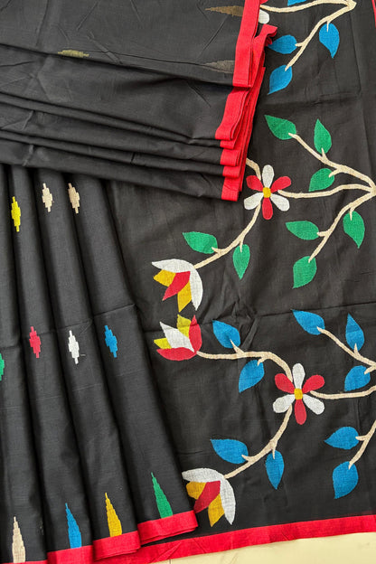 Black Purely Handloom Needle Woven Multicolor Jamdani Saree