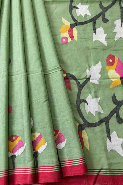 Mint Green Purely Handloom Needle Woven Jamdani Saree