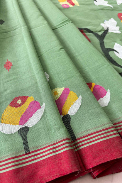 Mint Green Purely Handloom Needle Woven Jamdani Saree