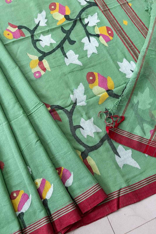 Mint Green Purely Handloom Needle Woven Jamdani Saree