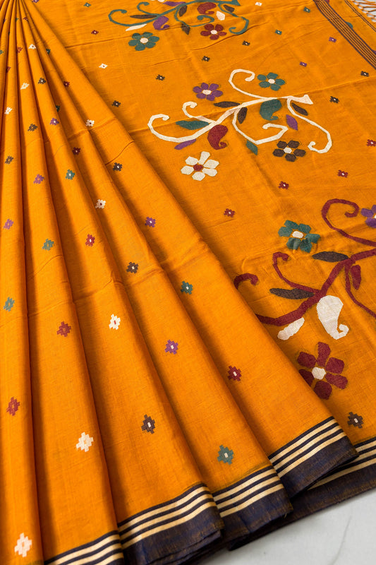 Saffron Yellow Purely Handloom Needle Woven Jamdani Saree
