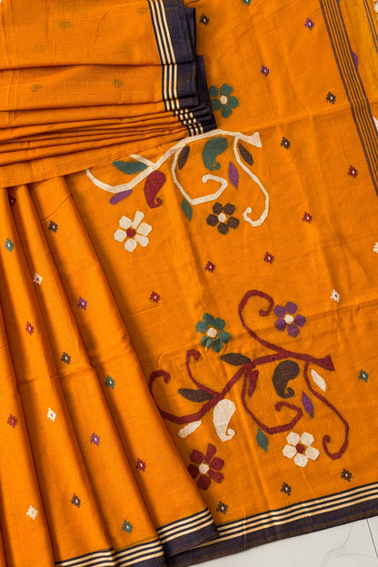 Saffron Yellow Purely Handloom Needle Woven Jamdani Saree