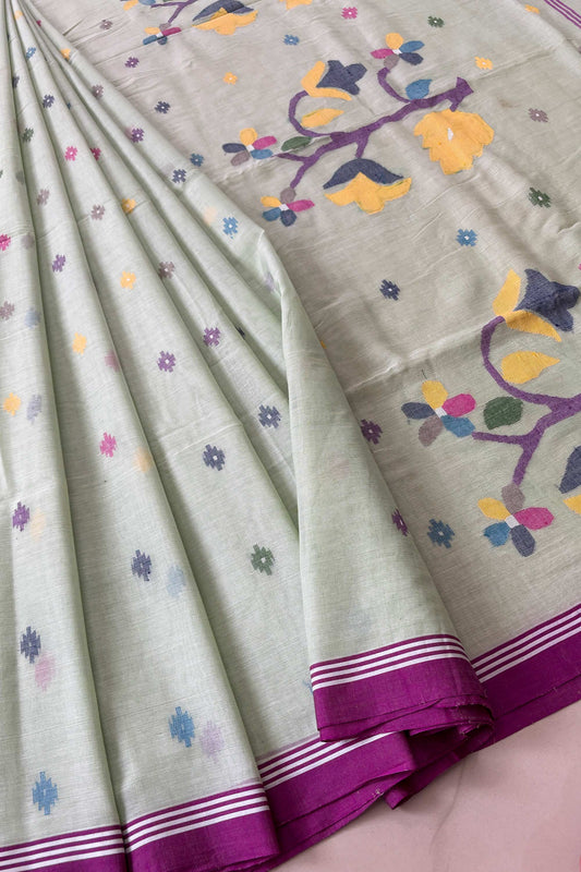 Ice Green Purely Handloom Needle Woven Jamdani Saree