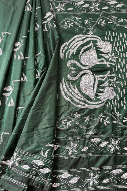 Bottle Green Silk Kantha Stitch Saree
