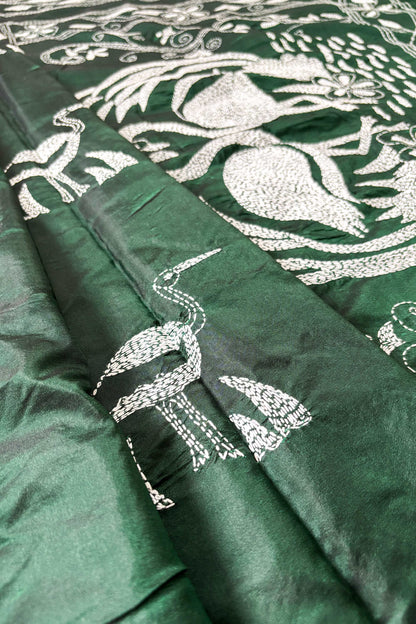 Bottle Green Silk Kantha Stitch Saree