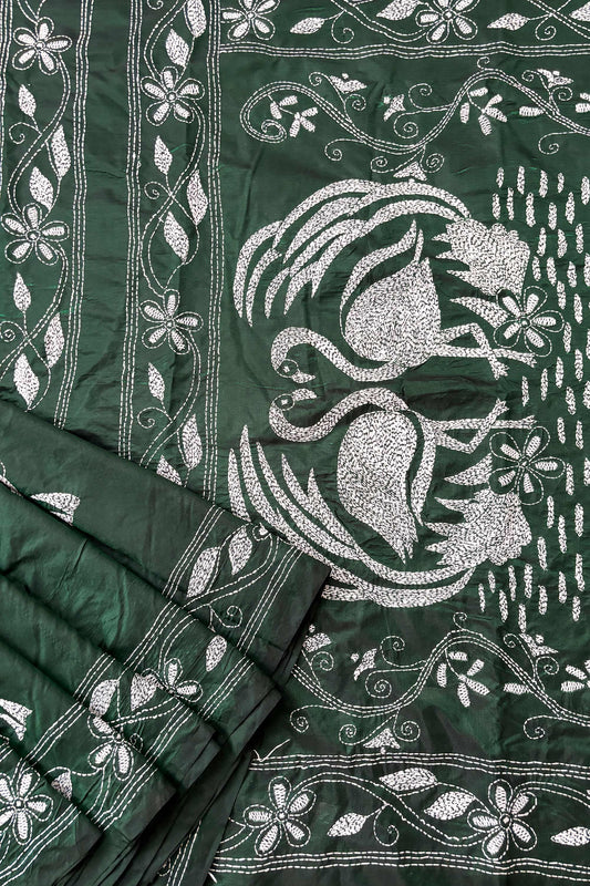 Bottle Green Silk Kantha Stitch Saree