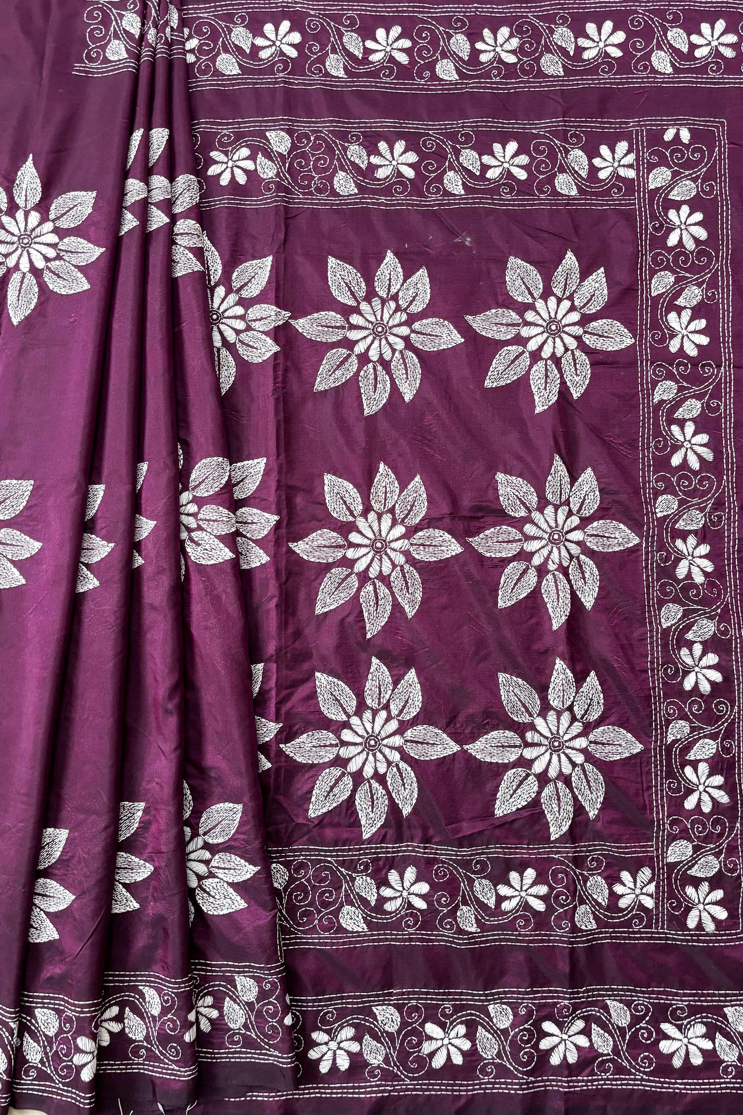 Purple(Jamun) Silk Kantha Stitch Saree